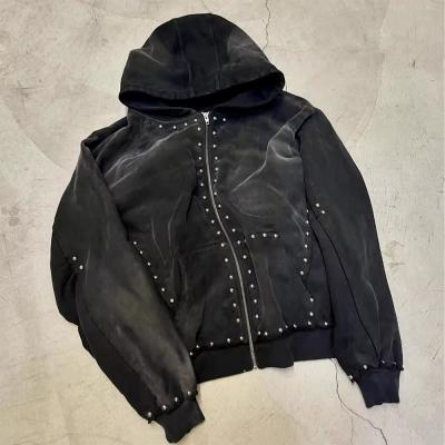 China 500 Gramm schwarzer Strass-Zip-Up-Hoodie-Männer übergroßes Herbst-Hoodie-Sonnen-Fade-Säure-Wasch-Look zu verkaufen