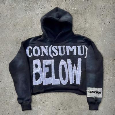 China 100 katoenen hoodies voor mannen Terry Cut Raw Hem Embroidery Applique Sun Fading Acid Wash Te koop