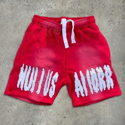 China Red Running Acid Wash Distressed Shorts Set Vintage Style Sun Fade Sweat Shorts Embroidered Logo for sale