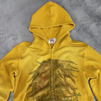 Chine Waffle sur mesure pour hommes tricoté avec fermeture à glissière Hoodie poids lourd surdimensionné en difficulté Vintage Acide Wash à vendre