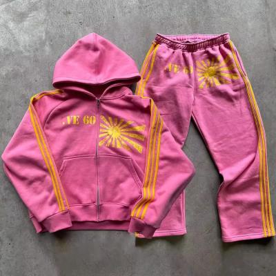 China Impresión en pantalla personalizada Logotipo rayas Traje vintage lavado con ácido Zip Up Hoodie Y Jogger Calzoncillos de sudor en venta