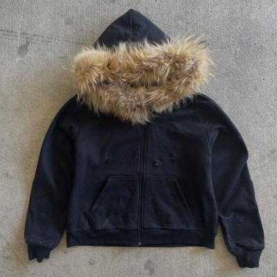 China Custom Winter French Terry Hoodie With Fur Hood Vintage Organic Cotton Men's Zip Up Faux Fur Hoodie for sale