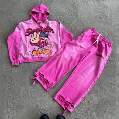 China Streetwear Rhinestone Zip Up Hoodie Sweat Pants Set Acid Wash Man Tracksuit Zon Vervaagde Mannen Sweatsuit Te koop