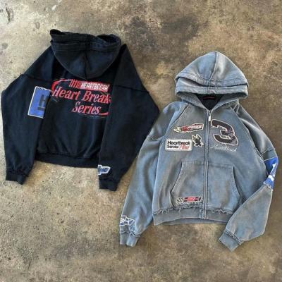 Китай Custom Reversible Stitch Hoodie Applique Distressed Embroidery Stone Wash Oversized Double Hooded Zip Up Hoodie продается