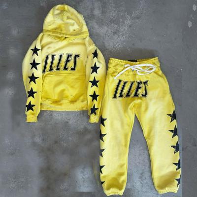 China Custom Mens Two-Piece Set Heavyweight Pullover Printed Distressed Vintage Acid Wash Tracksuit for sale