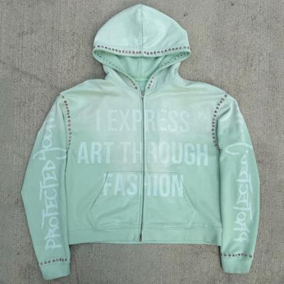 China Custom Gemstone Zip Up Heavy Weight Hoodie Vintage Acid Washed Baggy Boxy Fit Cropped Rhinestone Hoodie for sale