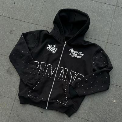 China Custom Rhinestone Zip Up Hoodie 450 gsm Thick Heavy Weight Screen Printing Logo Zipper Hoodies Men à venda