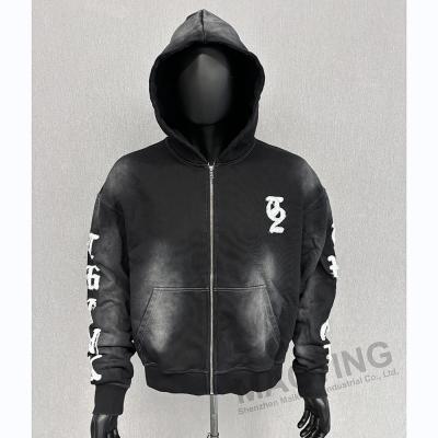 Китай Custom Logo Oversized Boxy Fit Скроенный Zip Up Hoodies Тяжелый вес Винтажный Умытый Нагруженный Вышивка Hoodie продается