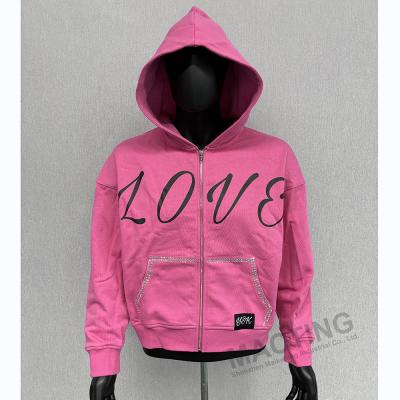 China Custom Y2K Streetwear 100% katoen zwaargewicht oversized hoodies zijde scherm print rhinestone box zip up hoodie Te koop