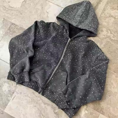 China Oem Heavyweight Zipper Hoodie Custom 100% Cotton Terry Hoody Sweatshirt Streetwear Rhinestone Zip Up Hoodie for Men for sale