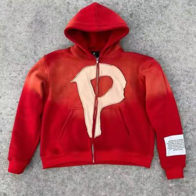 Chine Vintage personnalisé décoloré surdimensionné français Terry Boxy Hoodie coupée Hommes en détresse Applique Broderie Acide Laver Fermeture à glissière Hoodie à vendre