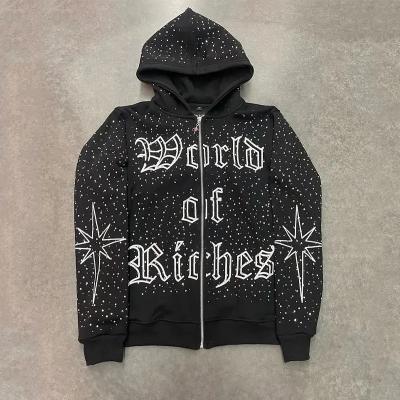 China High Quality Embroidery Zip Hoodie Heavyweight Cotton French Terry Oversized Hoodies Custom Zipper Rhinestone Zip Up Hoodie for sale