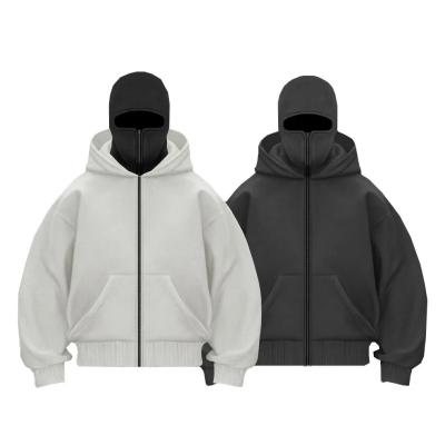 China Fabricante Patchwork de algodão pesado Capuz duplo Full Zip Up Balaclava Hoodies Custom Ninja Homem Mascarado Hoodie à venda