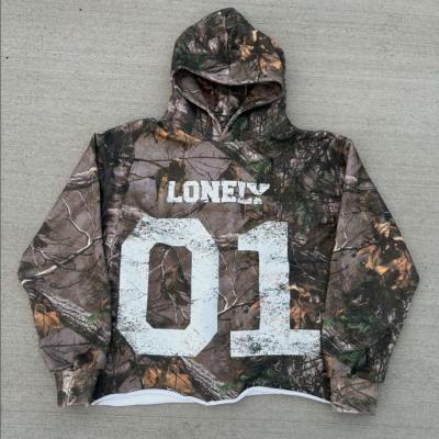 China Custom Terry Cotton Camo Cropped Raw Hem Dtg Printed Pullover Hoodie Men All Over Print Camouflage Hoodies for sale