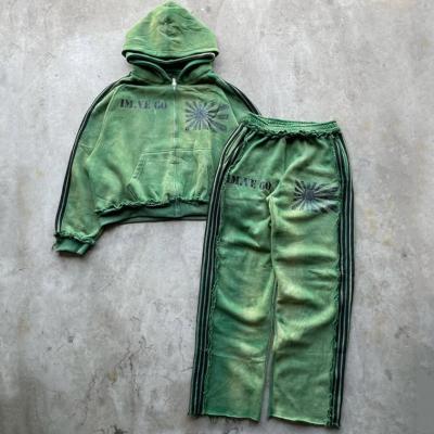 중국 Custom Vintage Acid Wash Reverse Stitch Double Hood Hoodies And Sweatpants Set Mens Sweatsuit Jogging Set Track Suit for Men 판매용