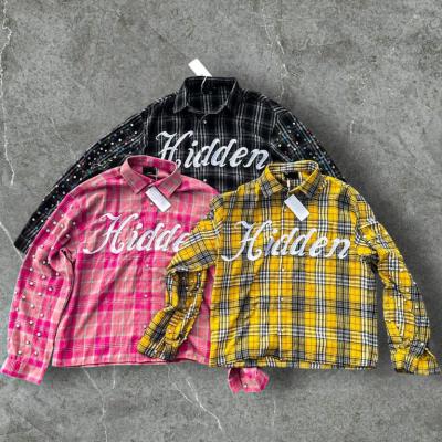 Cina Custom Winter Warm Plaid Shirts Embroidery Long Sleeve Oversized Diamond Acid Wash Rhinestone Button Up Flannel Shirts Men in vendita