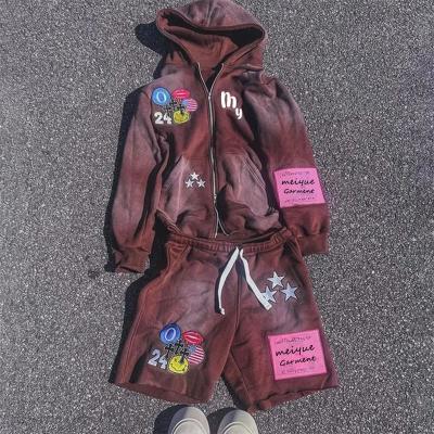 China Custom-Bildschirm-Drucker Stick-Sweatsuits Fleece-Tracksuit-Set übergroße Baumwollshorts und Hoodie-Set Männer zu verkaufen