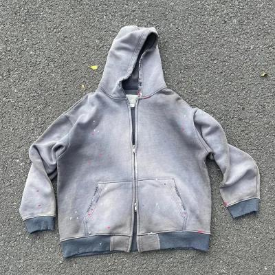 Κίνα Unisex Sun Fadeed Zipper Vintage Sweatshirt Custom Men Heavyweight Oversize Crop Box Zip Up Stone Acid Wash Πεντανόητος Hoodie προς πώληση