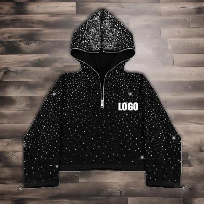 Cina Streetwear personalizzato 380 500gm maschile francese terry velluto tutto stampato strass casellato ritagliato viso intero mezzo zip up felpa con cappuccio uomini in vendita