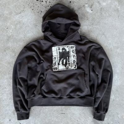 China Logotipo personalizado Hoodies de algodón de peso pesado Patchwork bordado angustiado ropa callejera de gran tamaño suéter de caja con capucha para hombres en venta