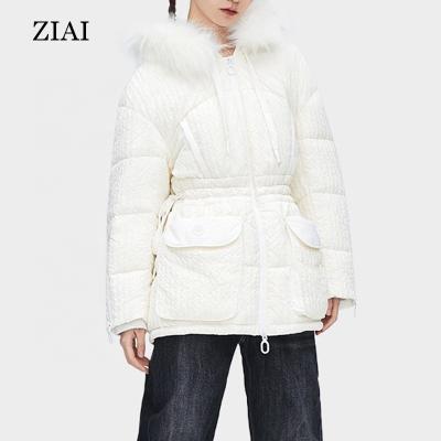 China Wholesale Embossed Windproof Bubble Texture Waist Hooded Mid Length Down Jacket Women Warm Winter Padded Coat for sale