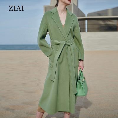 China Avocado Breathable Double Sided Mid Length Mid Length Green High End Cashmere Woolen Coat Women's Coat for sale