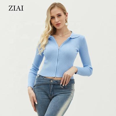 China QUICK DRY polo collar knitted cardigan women's early autumn thin style double head long sleeve zipper top new for sale