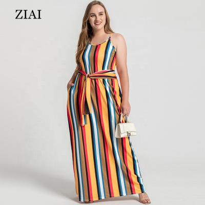 China New Plus Size Large Size Women's Belted Loose Striped Strap Dress Summer Europe and America for sale