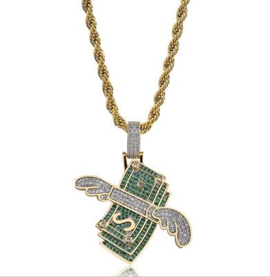 China Hiphop Hiphop Jewelry Bling Silver Green Bag Charm Angel Wing Dollar Pendant Necklace Jewelry for sale