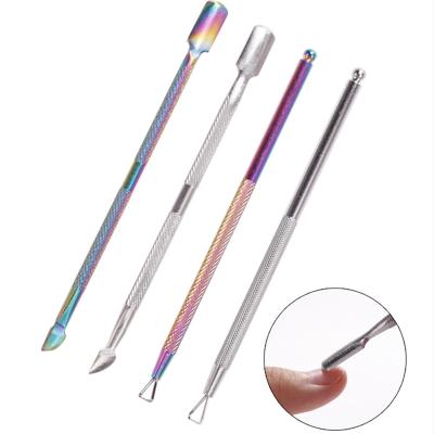 China Art Tools Stainless Steel Rainbow Cuticle Nail Pusher Double Silver Finished Stainless Steel Nail Gel Pusher Remover Nail Pusher for sale