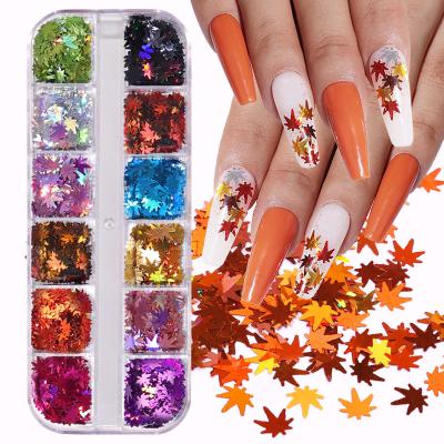 China Autumn Laser Multicolor Maple Leaf Convenient Nail Sequins Nail Art Manicure Glitter Flakes Nail Decorations for sale