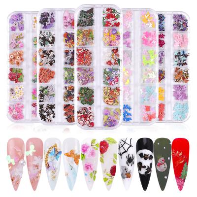 China Fashionable New Arrival 12 Grids 3D Nail Charms Mix Design Butterfly Christmas Halloween Flowers Wood Paste Chips Nail Decoration for sale