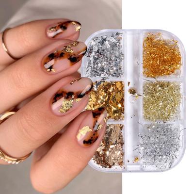 China Nail Art Decoration High Quality 6 Grid Gold Foil Stickers Gold Silver Foil Wire Holographic Paper Nail Art Decals Glitter Decoration for sale