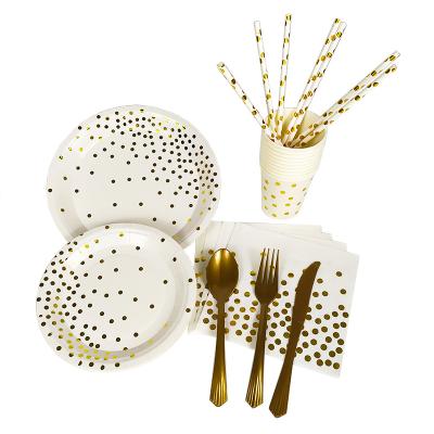 China Delicate Tan White Cutlery Dots Party Decoration Gold Polka Dot Birthday Party Set Disposable for sale