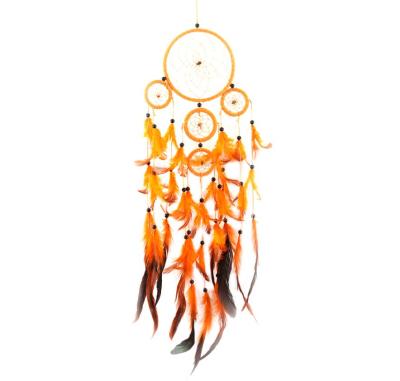 China Elegant. Handmade .feather Dreamcatcher Orange Five-Rings Dream Catcher With Feather Wall Hanging Car Decor Mascot Home Gifts for sale