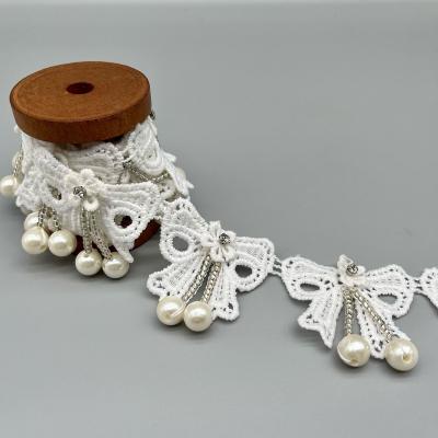 China 4.5cm Vintage Viable Style Milk Silk 3D Guipure Lace Bead Embroidery Lace Chemical Trim For Wedding Dress for sale