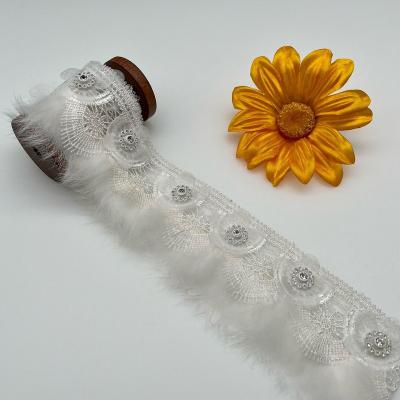 China 6.5cm Viable Milk Rhinestones Crystal Beaded Tassels Feather Lace Chemical Trim Garment Accessories for sale