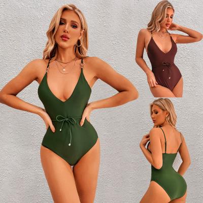 China Wholesale One Piece Logo Women Army Green Halter Size Swimwear Sexy Backless Swimwear Custom Made Plus Size Bikini for sale