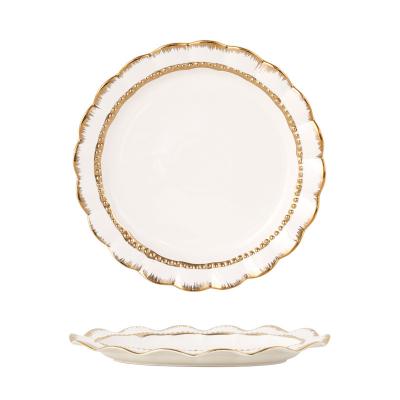 China SCP067 Gold Plated Round Edge Dish Sustainable Porcelain Restaurant Tableware Ceramic Serving Dish for sale