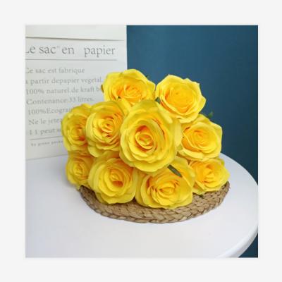 China Promotional Delicate Pink Rose Group SMG064 Yellow Color Silk Flower 10 Rose Heads Artificial Floral Decor for sale