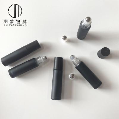 China Hot Sale 10ml Personal Care Matte Black Glass Roll On Bottle With Frosted Stainless Steel Rollball Cap for sale