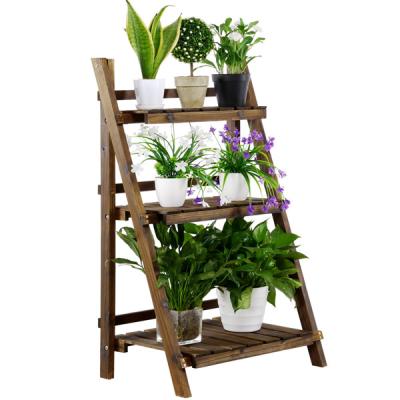 China Easyfashion 3-Tier Sustainable Folding and Wide Wooden Ladder Shelving Flower and Plant Display Rack for Indoor Outdoor Home for sale