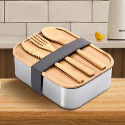 China Sustainable Eco Friendly Lunch Box Stainless Steel With Bamboo Lid Insulated Thermal Biodegradable Lunch Box With Spoon for sale