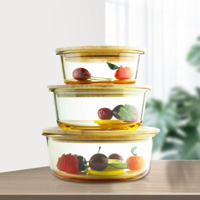 China High Borosilicate Microwave Lunch Bowl Food Container Storage Box Glassware Stored Glass Jars With Silicone Sealed Wooden Lid for sale