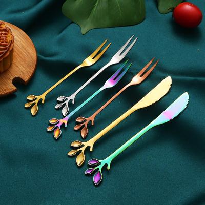 China Stainless Steel Mini Knife Spoon Fork Children Creative Viable Leaf Coffee Spoon And Fruit Fork for sale