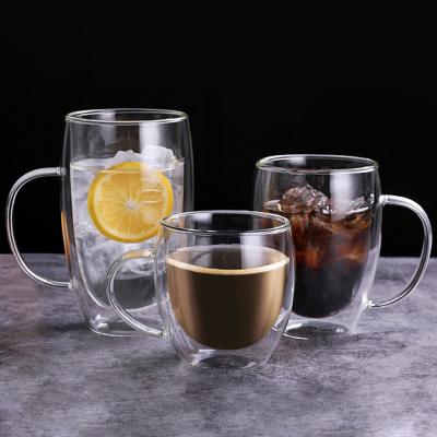 China Wholesale Heat Resistant Minimalist Juice Drinking CupTea CoffeEspresso Double Glass Wall Coffee Iced Mug With Handle for sale