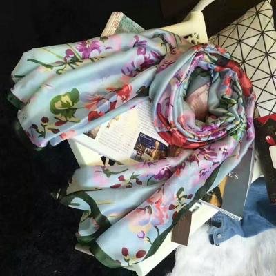 China Luxury Brand Women's Long 90*180cm Long Floral Print Designer 100% Silk Scarves For Elegant Women for sale