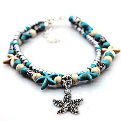 China FASHIONABLE Retro Starfish Double-Layer Pearl Anklet Pendant Rice Beads Beach Turtle Anklet Pendant Jewelry for sale