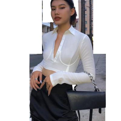 China 2021 New Solid Color V-Neckline Corset Crop Top Women's Long Sleeve Blouses Women Anti-Shrink Sexy Top Shirt for sale