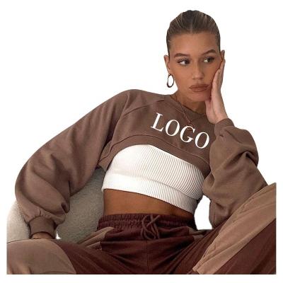 China Simple brown anti-pilling women's sweatshirts and hoodies pullover long sleeve crop top hoodie for sale